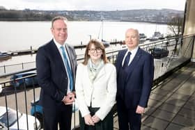 Chair of the Magee Taskforce Stephen Kelly, Economy Minister Dr. Caoimhe Archibald and Vice-Chancellor of Ulster University Professor Paul Bartholomew at Timber Quay on Thursday.