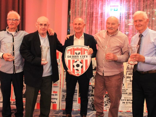 Derry City legends, the Gang of Four, Tony O'Doherty, Eamonn McLaughlin, Eddie Mahon and Terry Harkin pictured with 1985 star player Dennis Tueart.