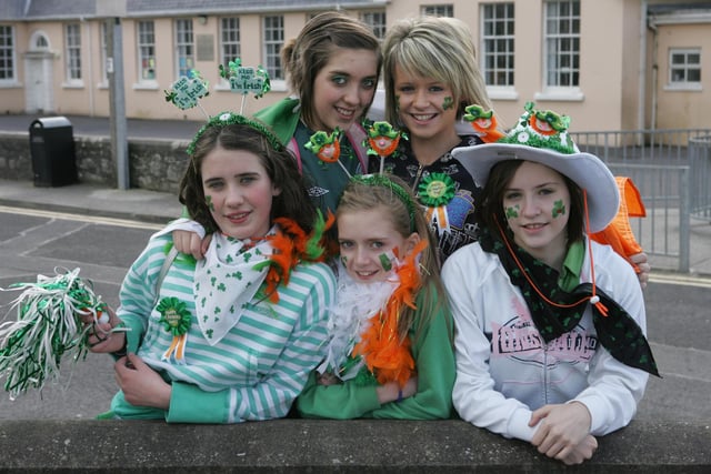 Derry girls Ellen Fisher, Niamh McAnee, Megan McAnee, Ciara Hegarty and Robyn Bradley at the Buncrana St. Patrick's Day parade. (1803C58)