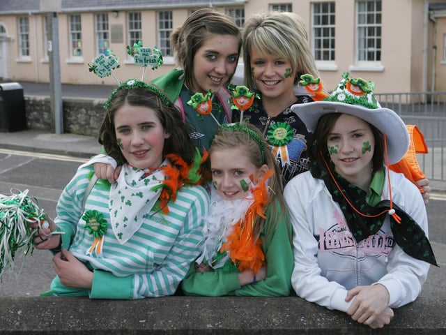Derry girls Ellen Fisher, Niamh McAnee, Megan McAnee, Ciara Hegarty and Robyn Bradley at the Buncrana St. Patrick's Day parade. (1803C58)