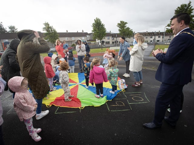 The Mayor, Ruairi McHugh joining in the fun on Thursday at Clooney.