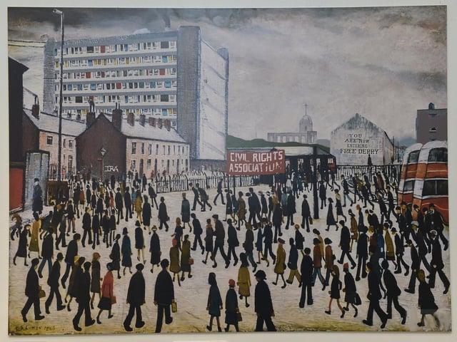 One of Square Bear’s paintings on display at the exhibition ‘Injustice’ in the Eden Arts Centre on Monday evening last. The exhibition commemorating the 51st anniversary of Bloody Sunday runs until 1st February next.  Photo: George Sweeney. DER2305GS – 76