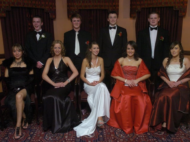Seated, from left, Leonagh Glenn, Bernadette Devlin, Mary Flanagan, Susan Noone, and Clare McLaughlin. Standing, from left, Joe Flynn, Simon Cowley, Colm O'Donnell, and Liam McDaid. (1801PG12) : Scoil Mhuire Formal  in January 2005.