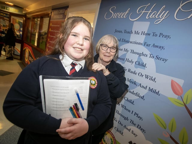 Holy Child School Caretaker Mrs. Rosaleen Doherty pictured with her granddaughter Ella on Wednesday. : .
