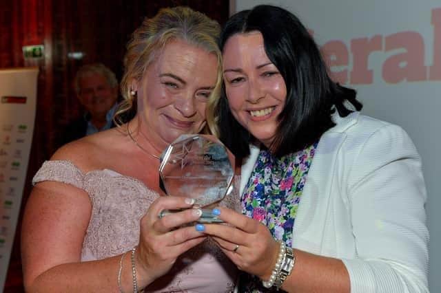 Geraldine Mullan of the Mullan Hope Centre pictured with Teresa McCloskey from category sponsor Apex at the Derry Journal People of the Year awards. Photo: George Sweeney. DER2235GS – 030