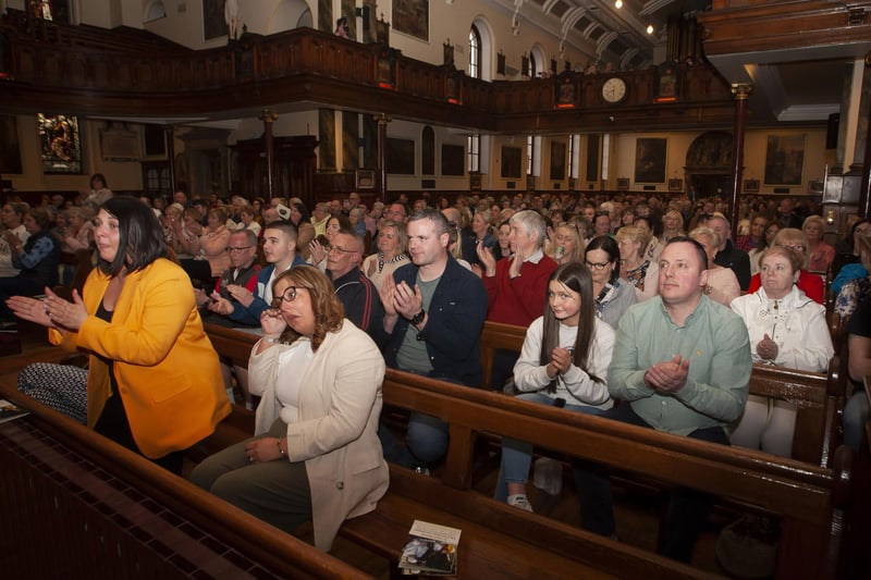 A rendition of one of Sister Clare’s favourite songs is applauded by the attendance at Tuesday night’s Retreat in the Long Tower Church. (Photos: Jim McCafferty Photography)