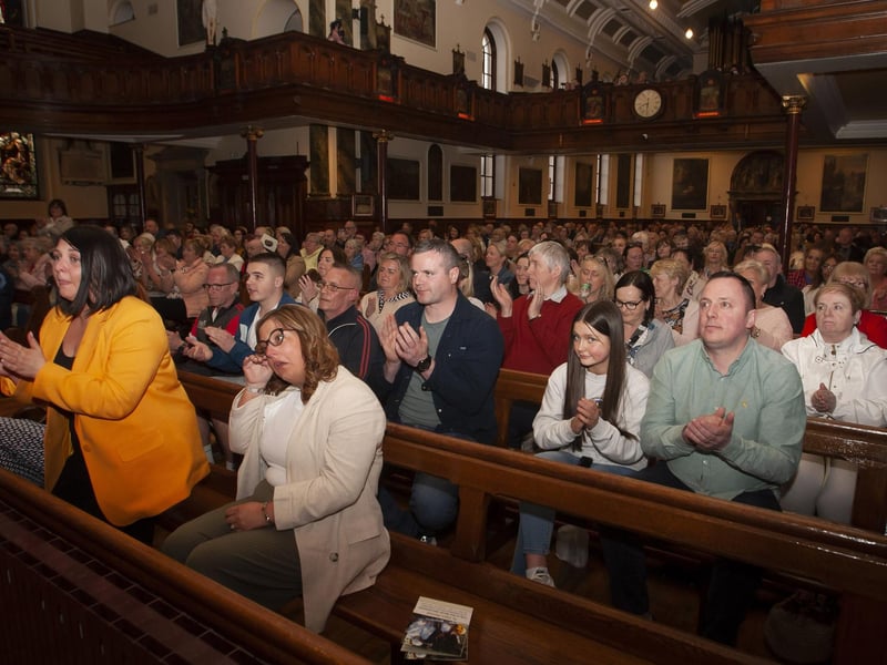 A rendition of one of Sister Clare’s favourite songs is applauded by the attendance at Tuesday night’s Retreat in the Long Tower Church. (Photos: Jim McCafferty Photography)