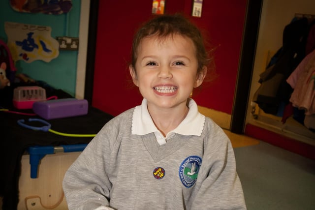 Primary 1 pupil Sophie smiles for the camera at Sacred Heart PS this week.