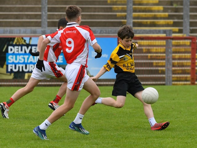 Gailscoil Cholmcille v St Anne’s PS at the Derry Primary Schools Boys Finals in Celtic Park: . Photo: George Sweeney