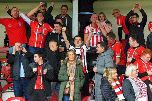 Brandywell Pride Supporters Club members celebrate Derry City’s win over Treaty United, in the FAI Cup semi-final on Sunday afternoon. Picture by George Sweeney.
