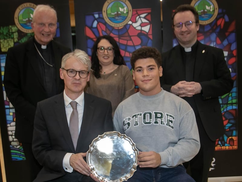 Special guest and past pupil at the St. Columb's College Senior Prizegiving, Mr Brendan McGurk KC presenting Logan Davis-Moran with the Monsignor Coulter Award for Humanities at Thursday's Awards ceremony. At back are Bishop Donal McKeown, Mrs Caroline McLaughlin (Principal) and Fr Stephen Ward (School Chaplain). : .
