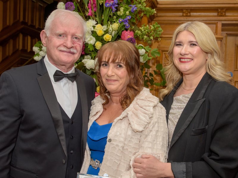 The Mayor Councillor Patricia Logue hosted the annual Mayor’s Ball in the Guildhall in aid of her crossed Charities the Foyle Hospice and Ryan McBride Foundation. Pictured at the event are guests,William McGuinness, Breige Deeney and Una McGuinness  Picture Martin McKeown. 24.05.24