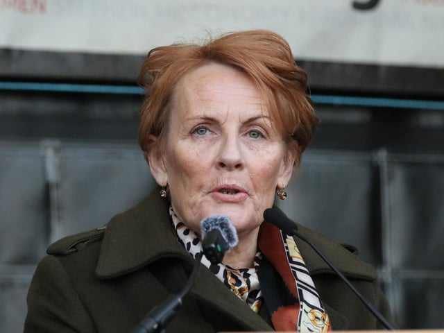 Geraldine Doherty whose nephew Gerard Donaghey was murdered by the British Paras on Bloody Sunday 1972, speaking at the "Unfinished Business March for Justice". (Photo - Tom Heaney, nwpresspics)