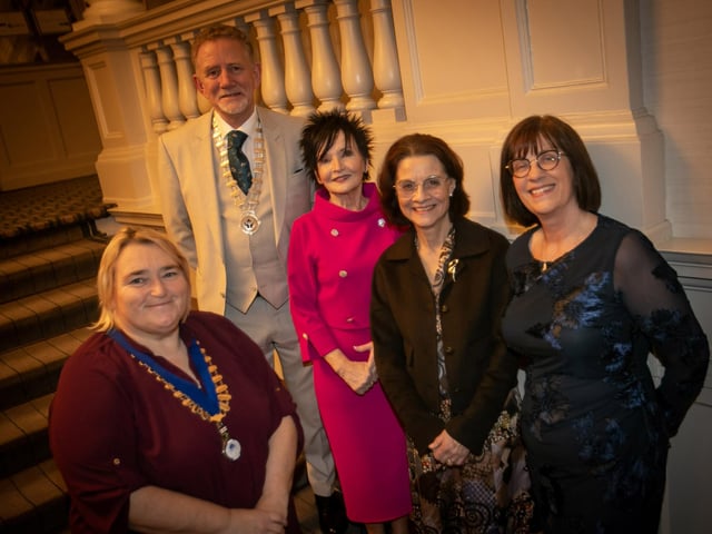 Derry Credit Union retirees Joan Gallagher and Mary Crumley pictured at Friday night's function Brendan Jenkins, President, Irish League of Credit Unions, Patricia Doherty, Vice President, ILCU and Delma Boggs, President, Derry Credit Union.