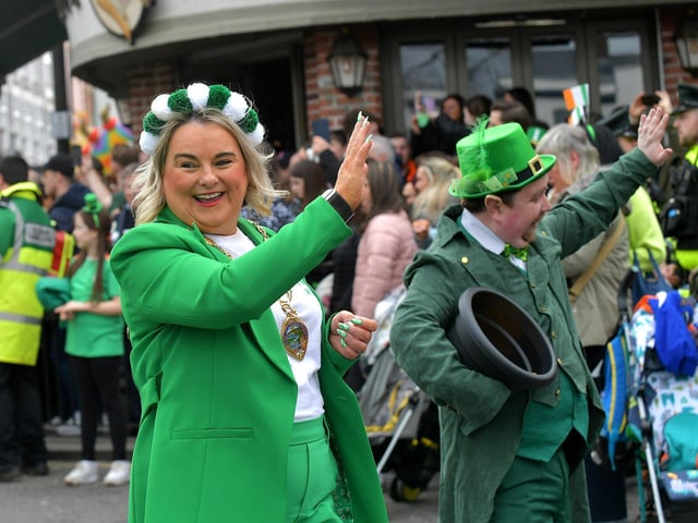 Mayor Sandra Duffy at the St Patrick’s Day parade on Friday afternoon. Photo: George Sweeney. DER2311GS – 57