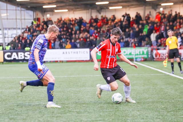 Derry City winger Ollie O'Neill gets past Bohs defender Kacper Radkowski during Monday night's 1-0 defeat. Photo by Kevin Moore.