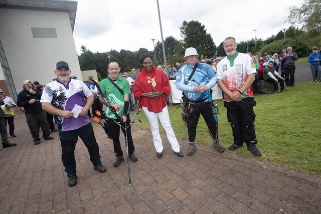The Mayor, Lillian Seenoi-Barr pictured with two of the archers before taking part in a shoot-off at the Northern Ireland team at Sunday's UK and Ireland Field Archery Championships held in the grounds of Oakgrove Integrated College, Derry. From left are George Health, Foyle Valley, organiser, Mick Seery, Steve Kerr and John O'Neill, organiser. (Photos: Jim McCafferty Photography)