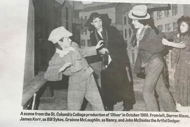 John ‘Johnny’ McDaid, who will later join the Theatre Club for its production of The Tempest, appears in this 1988 Derry Journal clipping as the Artful Dodger, in the St Columb’s DS production of Oliver. McDaid will later grace stages all around the world with Snow Patrol and become Ed Sheeran’s song-writing partner.