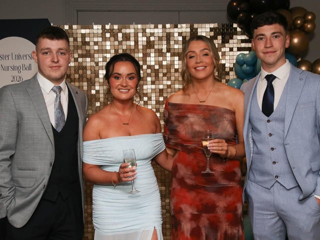 Nathan Boyle, Aoife Carolan, Sinead McCahill and Jack Smyth pictured at The Nurses Ball, Class of 2026 held in The Everglades Hotel.  (Photo - Deirdre Heaney, nwpresspics)