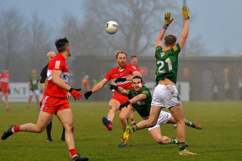 February 2023: Derry’s Conor Glass gets off a pass under pressure from Meath’s Cillian O’Sullivan during an Allianz League campaign that would end in promotion for the Oak Leafers.  Photo: George Sweeney.