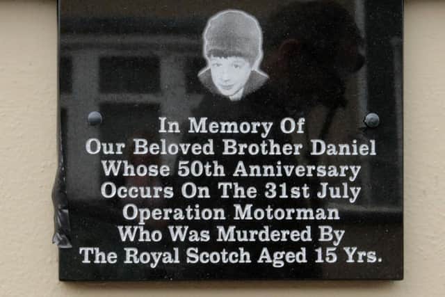 A plaque in memory of 15 year-old Daniel Hegarty who was killed by a British soldier during Operation Motorman on 31 July 1972. DER2231GS - 034