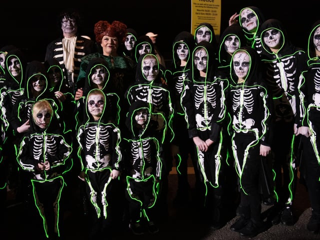 The Mayor Councillor Patricia Logue who with members of her family met with some of the Halloween Carnival Parade participants ahead of the event which the First Citizen led along the banks of the River Foyle. Picture Martin McKeown. 31.10.23