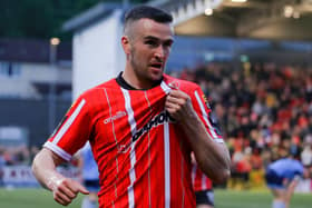 Michael Duffy celebrates his second goal against UCD last Friday night at Brandywell. Photograph by Kevin Moore.