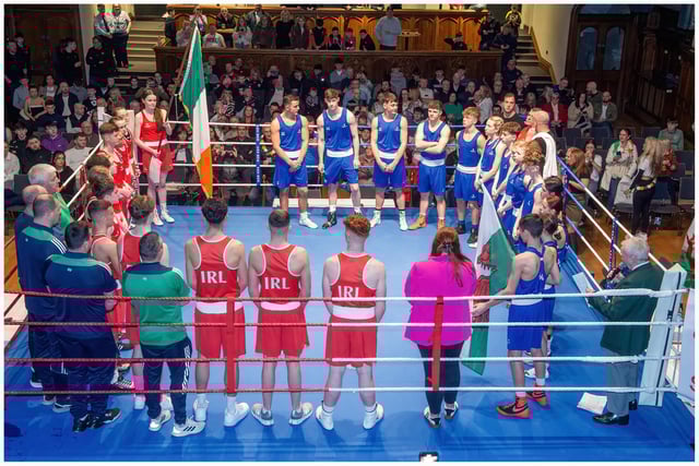Both international teams assemble inside the ring prior to the first bout on Saturday night at Guildhall.