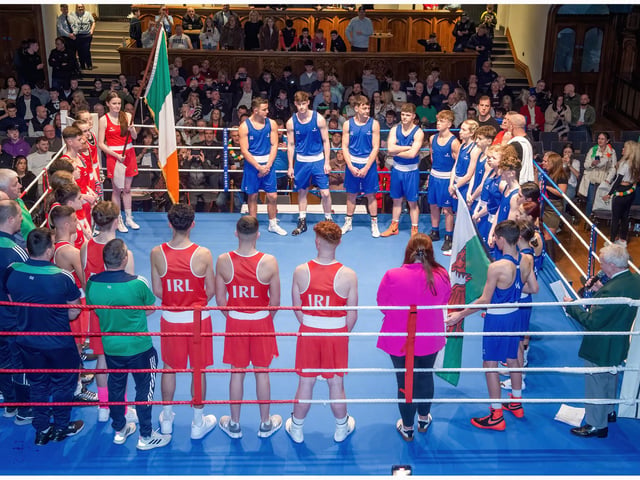 Both international teams assemble inside the ring prior to the first bout on Saturday night at Guildhall.