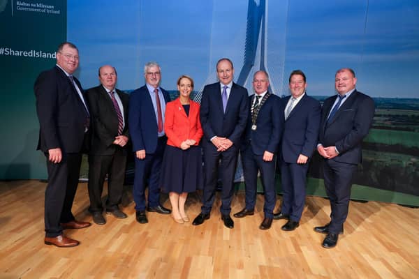 Pictured at the funding announcement under the Shared Island Local Authority Development Funding Scheme in Cavan yesterday – From L-R Stephen Gillespie, Director of Business and Culture, Derry city and Strabane District Council, Garry Martin, Director of Economic Development, Information Systems & Emergency Services, Donegal County Council; John G. McLaughlin, Chief Executive, Donegal County Council;  Rachael Craig, Strategic Business Manager, Derry City and Strabane District Council; An Taoiseach, Micheál Martin; Cllr. Liam Blaney, Cathaoirleach, Donegal County Council; Darragh O'Brien TD, Minister for Housing, Local Government and Heritage;  Cllr. Ciaran Brogan, Donegal County Council