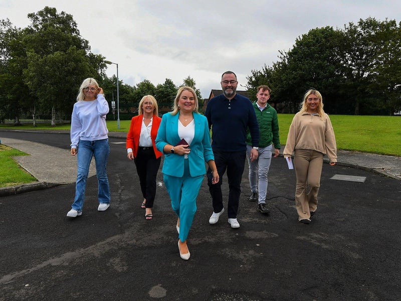 Sinn Fein’s Foyle candidate Sandra Duffy, accompanied by her family, Ciara Ferguson MLA and Padraig Delargy MLA,  arrives at the Lenamore Youth Centre to cast her vote in the Westminster general election.  Photo: George Sweeney