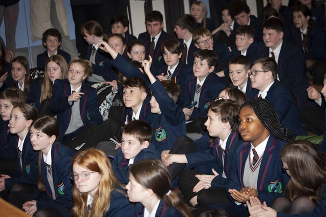 Oakgrove College students taking part in a Q&A session with Derry City players Ciaran Coll and Jamie McGonigle.