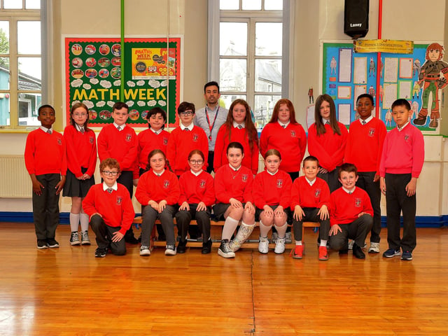 St Eugene’s Primary School P7 leavers pictured with teacher Mr Michael Gilmore. Photo: George Sweeney. DER2320GS – 57
