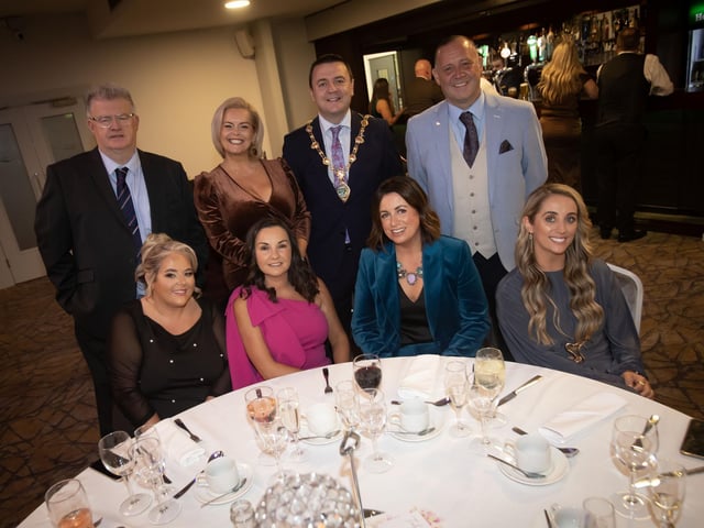 Mayor McHugh pictured with staff from the Holy Child Primary School during Saturday night's celebrations in the Maldron Hotel. : .