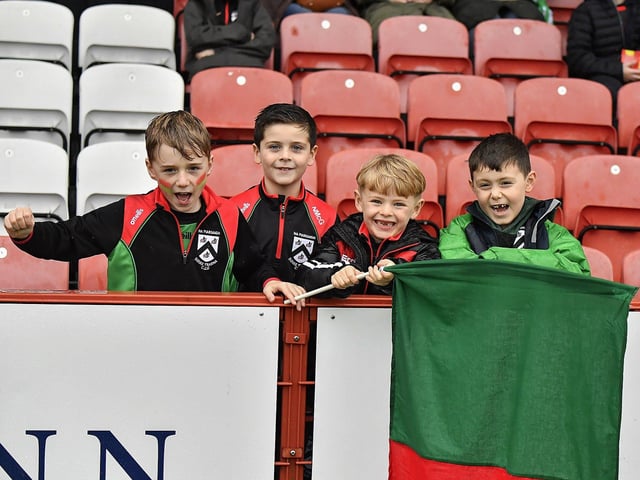 Fans in Celtic Park, on Sunday afternoon, for the Derry Junior Football Championship Final between Doire Trasna and Slaughtmanus. Photo: George Sweeney