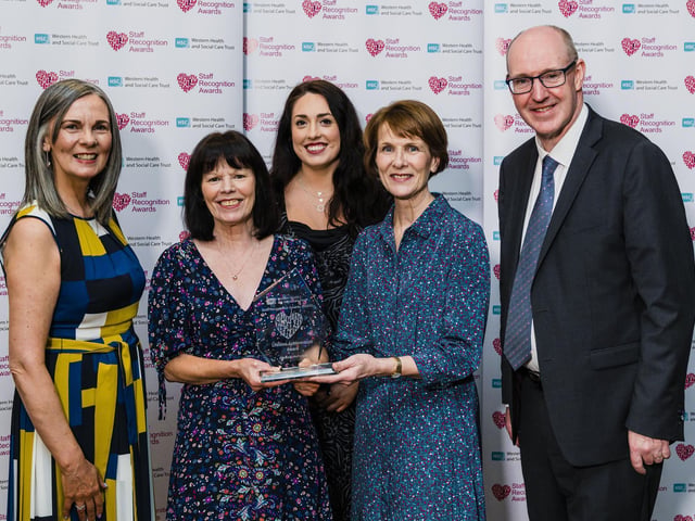 Lifetime Achievement winner Elizabeth (Betty) McFeeters, Nursing Assistant, Altnagelvin Hospital pictured with Karen Hargan, Director of Human Resources & Organisation Development; Michelle Doherty (nominator); Betty's daughter and Neil Guckian, Chief Executive, Western Trust.