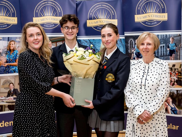 Dr Ferris and Eoin Wilson (Head Boy), Lily Gallagher (Head Girl), (Deputy Head Boy), (Deputy Head Girl) and Ms Niamh Hargan (Guest Speaker). Lumen Christi College.
