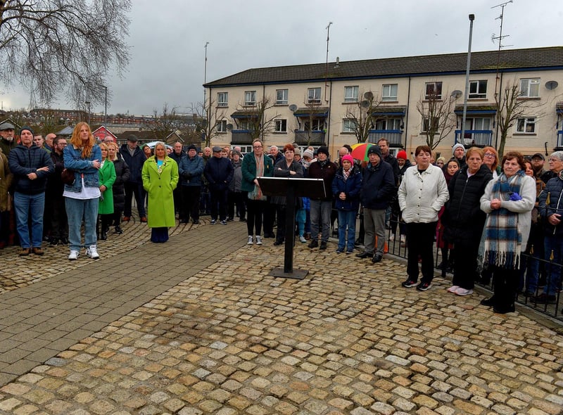 Relatives are joined by Mayor Sandra Duffy and people at the Bloody Sunday monument at Joseph's Place on Monday afternoon for a one minute silence on the 51st anniversary of the Bloody Sunday massacre. Photo: George Sweeney. DER2306GS 43