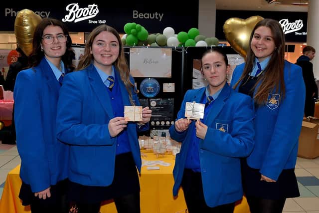 Students from St Mary’s College pictured at their ’Affirmation Cars’ gift stall during the Young Enterprise trade fair held in the Foyleside Shopping Centre on Friday. Photo: George Sweeney. DER2307GS – 56
