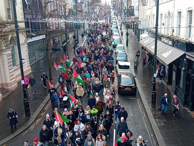 Thousands participate in Derry rally for Palestine calling for a ceasefire in Gaza on January 13, 2024