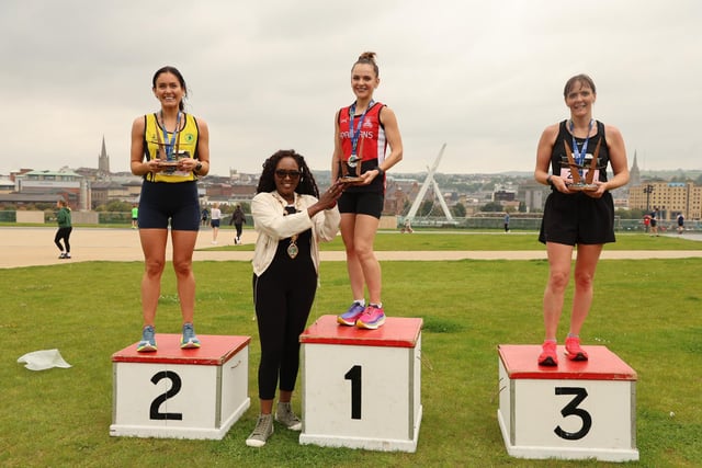 The female podium finishers at this year's Waterside Half Marathon Judith Storm , Kirsty Downey and Linda McGrath with Mayor of Derry City and Strabane District Council Councillor Lilian Barr.