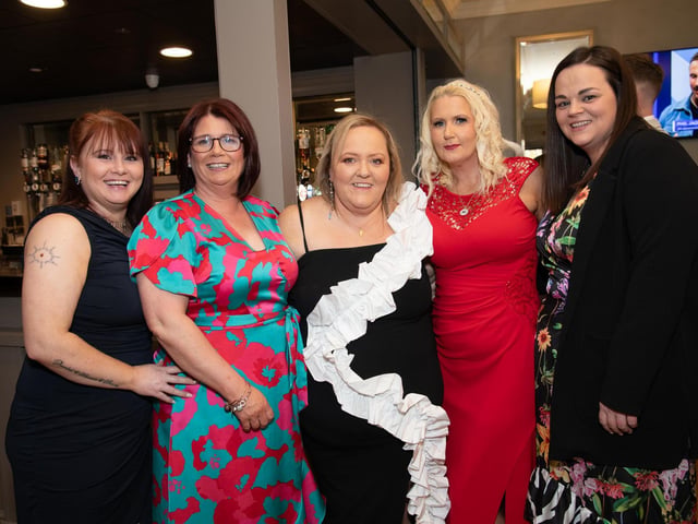 Maggie McCloskey, Jennifer Gallagher, Edel Byrna, Tina Gallagher and Jenine Doehrty, Village Kitchen at the Carndonagh Traders Association Business and Community Awards in Ballyliffen Lodge Hotel on Saturday night last. Photo Clive Wasson
