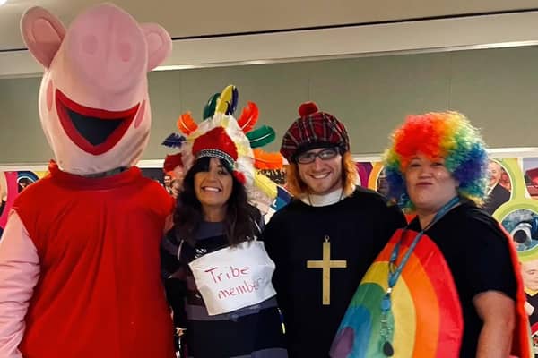 Peppa Pig with staff at Ardnashee School and College, who went above and beyond to welcome their students to school on Friday.