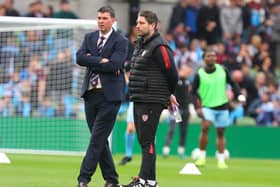 Drogheda United boss Kevin Doherty and Derry manager Ruaidhri Higgins have a chat before kick-off at the Aviva. Mandatory Credit: Kevin Moore/MCIphoto