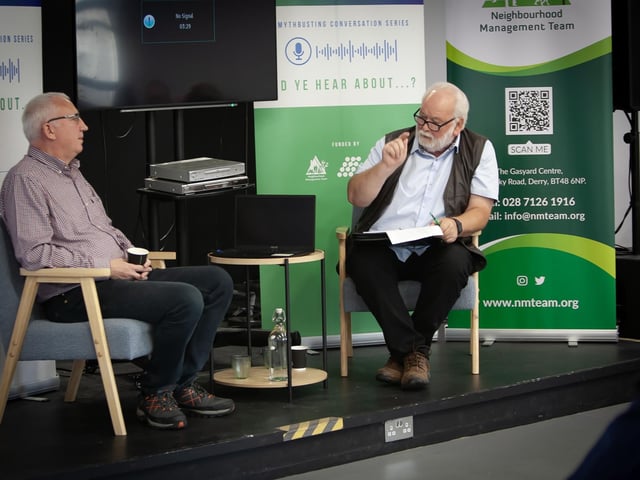 Host Pat McArt putting a point to Brian Dougherty, author 'The Exodus' at Monday's 'Did Ye Hear About. . .? event. (Photos: Jim McCafferty Photography) : .