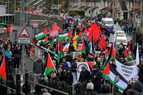The Bloody Sunday 52nd commemoration march makes it way along Lone Moor Road towards the Brandywell on Sunday afternoon. Photo: George Sweeney