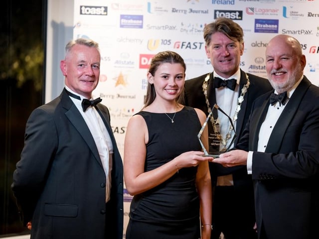Winner of the Young Business Person of the Year, Claire Hamilton of The Influencer Hub, pictured with Hugh Hegarty, Chair of City Centre Initiative; Andrew Fleming, President of Londonderry Chamber of Commerce; and John Harkin, CEO of Alchemy who sponsored the award.
