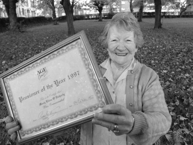 Mrs. Mary Ellen O'Doherty, aged 89, who was pensioner of the year in 1997.
