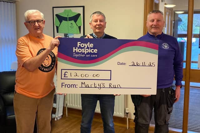 Martin Gallagher and Tom Doherty, Foyle Valley Athletics Club, presenting a cheque for £1,200 to Noel McMonagle, Events Fundraiser, Foyle Hospice, proceeds from their Annual Marty’s Run. The club chose to support three charities this year, Foyle Hospice, The Kevin Bell Repatriation Trust, and Action Duchenne. Part of the funds raised will also go towards the Foyle Valley AC Youth Development Programme.