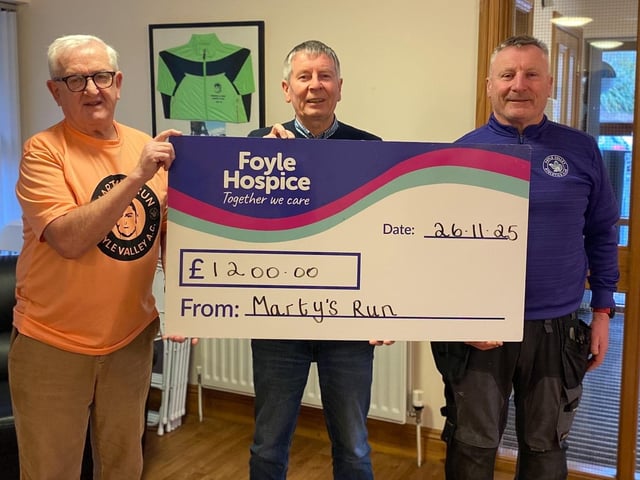Martin Gallagher and Tom Doherty, Foyle Valley Athletics Club, presenting a cheque for £1,200 to Noel McMonagle, Events Fundraiser, Foyle Hospice, proceeds from their Annual Marty’s Run. The club chose to support three charities this year, Foyle Hospice, The Kevin Bell Repatriation Trust, and Action Duchenne. Part of the funds raised will also go towards the Foyle Valley AC Youth Development Programme.